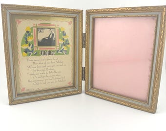 Vintage 1930 Framed "Mother" Poem Art Pub Co Chicago Gold Hinged Frame Floral Print Sentimental Gift for Mom Home Decor