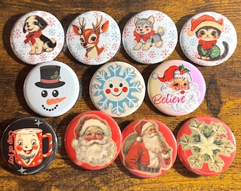 Retro Holiday Pinback Buttons Keychains Magnets Mirrors & Bottle Openers 2.25" Round Christmas Gifts Vintage Holiday Art Stocking Stuffer