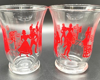 Set of Two 2 Vintage Juice Glasses Red with Country Line Dancing Silhouettes