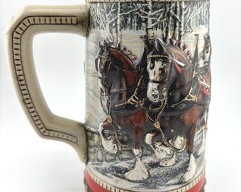 Vintage 1988 Budweiser Cobblestone Passage Budweiser Holiday Beer Stein Clydesdale Team Wagon Winter Scene Christmas Brewery Collectible