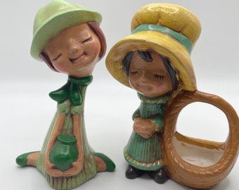 Set of Two Ceramic Vintage Girls with Closed Eyes and Bonnets