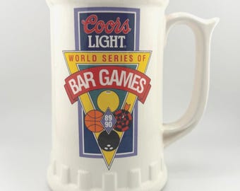 Vintage 1989 1990 Coors Light World Series of Bar Games Beer Stein Mug Bowling Darts Basketball Billiards Sports Ceramic Barware Collectible