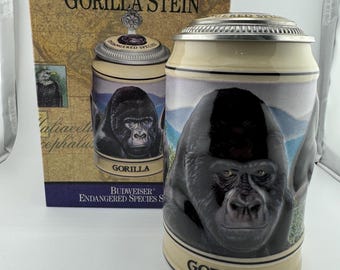 1996 Gorilla Beer Stein Endangered Species Series Anheuser Busch Ceramarte  Beer Stein with Pewter Lid Wildlife Conservation Collectible