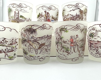 Vintage 1950s Currier & Ives Frosted Glass Set 3.25" Collectible Glassware Train Scene Farm Scene Glass Vintage Couples Strolling