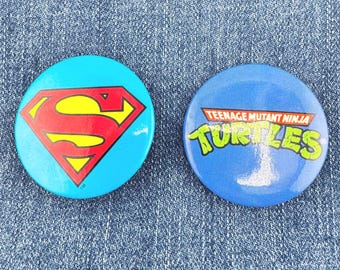 Vintage 1980s Teenage Mutant Ninja Turtles & Superman Pin Button Retro TMNT DC Comics Superhero Collectible Comic Book Memorabilia