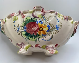 Vintage Hand Painted Applied Flowers Oval Footed Bowl