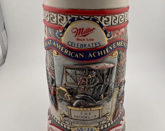 1987 Miller High Life Stein Model T Car Beer Mug Great American Achievements Series Raised Relief Ceramarte Collectible Brewery Gift