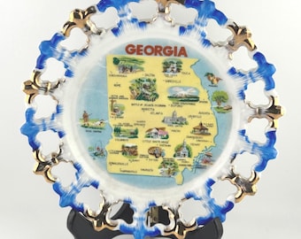 Vintage Georgia Souvenir Plate Lace Edge Blue and Gold Trim Georgia State Map Landmarks Cities Quail Hunting Fishing  Historic Events