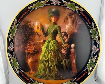 Vintage 1982 Budweiser Brewing Metal Beer Tray Anheuser Busch Bud Girl Green Victorian Dress Deep Tray A&Eagle Logo Beer Hops Design