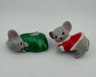 Two Christmas Ceramic Mice Sleeping Mouse and Mouse in Red Dress Grey Mouse