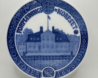 RARE 1918 Royal Copenhagen Commemorative Plate Oluf Jensen Design Frediksoholm's Kanal in Copenhagan Army Supply Corps Blue White Decor