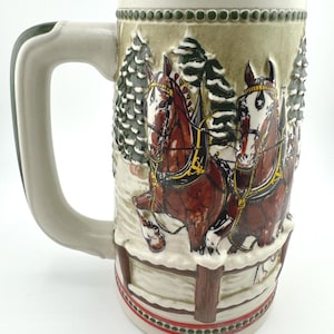 1984 Budweiser Holiday Stein Team & Wagon with Covered Bridge 5th in Series Clydesdale Beer Mug Vintage Brewery Collectible Christmas Gift