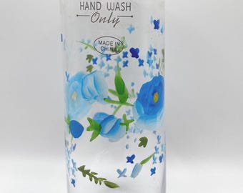 Tabla Home Hand Painted Blue Flowers Glass/ Vase