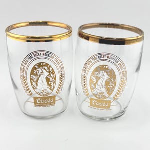 Pair of Vintage Coors Beer Barrel Shaped Tasting Glasses with Gold Trim