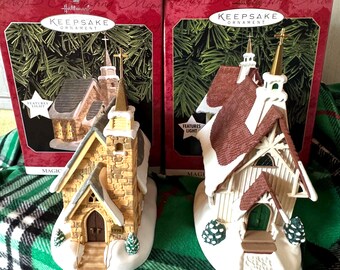 Hallmark Keepsake Church Ornaments 1998 Stone Church & 1999 Colonial Church Candlelight Services Series Lighted Vintage Christmas