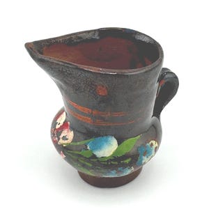 Vintage Mexican Pottery Mini Jug Vase Hand Painted Flowers Red Clay