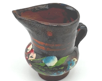 Vintage Mexican Pottery Mini Jug Vase Hand Painted Flowers Red Clay