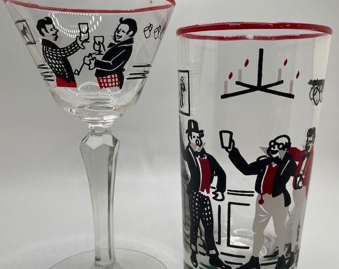 Featured listing image: Vintage set of two 1947 Libbey Pickwick Glasses Highball and Cocktail Red Rim Glass Pub Barware