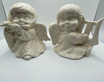 Vintage Ceramic Mold Angels with Instruments - 1980s Christmas Angels