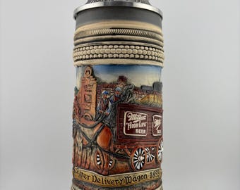 1991 Miller High Life Lidded Stein Horse Drawn Delivery Wagon Vintage German Beer Stein Brewery Collectible Barware Display Milwaukee Decor