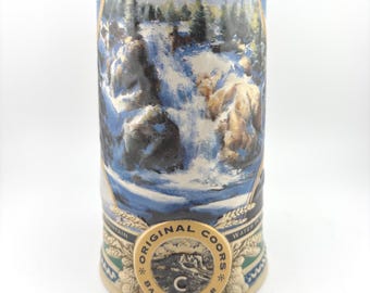 1995 Coors Waterfall Beer Stein Raised Relief Vintage Ceramarte Beer Mug Rocky Mountain Waterfall Heritage Mountain Cabin Original Coors