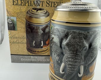 1991 African Elephant Lidded Beer Stein Endangered Species Anheuser-Busch Ceramarte Beer Mug Ceramic Inlay Lid Wildlife Conservation Gift