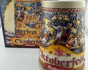 Vintage 1992 Budweiser Oktoberfest Beer Stein Pretzel Handle Ceramic Festival Beer Hall Scene Ceramarte Brazil Gift Boxed Ceramic Stein