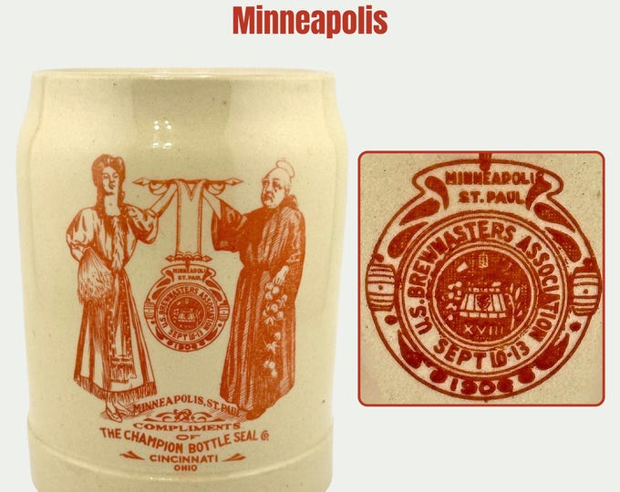 Featured listing image: RARE 1906 US Brewmasters Association Stoneware Beer Mug Minneapolis St Paul Champion Bottle Seal Stein Cincinnati Ohio Stein Gift Breweriana