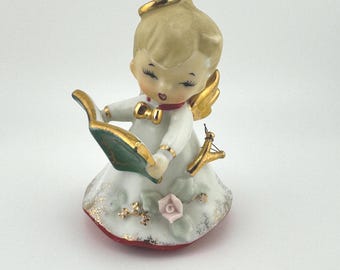 Vintage 1950s Lefton Naughty Angel Choir Boy Bell with Sling Shot Figurine Porcelain Bell Christmas Decor Gold Trim Collectible Gift