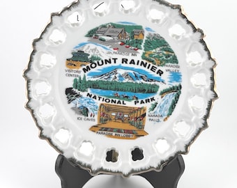 Vintage Mount Rainier National Park Souvenir Plate Reticulated Lace Edge with Silver Trim Paradise Inn Narada Falls Ice Caves Paradise Inn