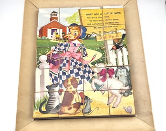 Vintage 1951 Mother Goose Picture Blocks Set Gaston Mfg Co Wooden Puzzle Retro Nursery Rhyme Toy Mid Century Children’s Game