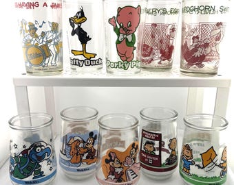 Vintage Character Juice Glasses - Looney Tunes, Peanuts, Disney, Archies - Welch's Collector Glasses
