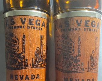 Vintage Set of 2 Siesta Ware Las Vegas Casino Amber Highball Glasses with Mahogany Wood