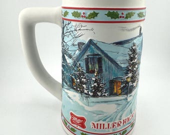 Vintage 1984 Miller High Life Holiday Beer Stein  Horse Drawn Sleigh Winter House Scene Holly Leaf Ceramic Beer Mug Christmas Decor