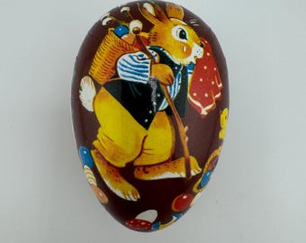 Vintage Echt Erzgebirge Germany Brown Papier Mache Easter Egg Crying Bunny and Chick