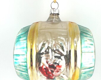 Vintage German Wine Cask Barrel Grapes Leaves Glass Christmas Ornament