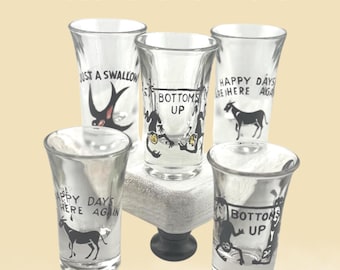 Vintage Shot Glasses Set Funny Retro Barware Humor Graphics Monkeys Donkey Bird 1950s Mid Century Modern Home Bar Collectible Glassware