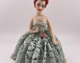 1952 Jamar Mallory Ceramic Studio Doll Vintage Ceramic Lady Figurine Lace Dress Pink Rosettes Collectible Figurine Gift for Her