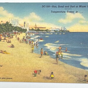 DC168 “Sun Sand and Surf at Miami Beach Temperature Today is…”Miami Florida Vintage Linen Postcard