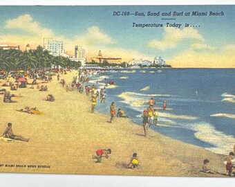 DC-168 “Sun, Sand and Surf at Miami Beach Temperature Today is…”Miami Florida Vintage Linen Postcard