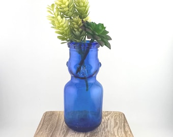 Vintage Blue Cobalt Glass Baby Face Creamer Bottle 1/2 Pint Figural Vintage Bottle Farmhouse Decor