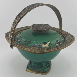 Vintage Israel Judaica Lidded Brass Bowl with Green Camel Design and Mosaic Accents