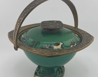 Vintage Israel Judaica Lidded Brass Bowl with Green Camel Design and Mosaic Accents