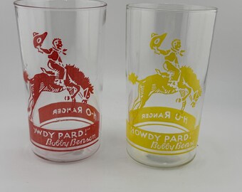Set of Bobby Benson B Bar B Ranger Radio Show Juice Glasses Yellow and Red Cowboy