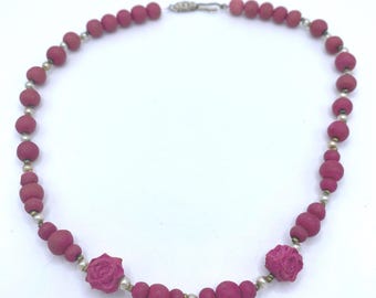 Vintage handcrafted pink rose bead necklace
