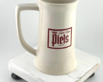 Vintage Piels Beer Mug White Light Lager Stein Red Logo Bert and Harry Piels Cartoon Characters Retro Brewery Collectible Barware