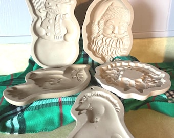 Vintage Brown Bag Cookie Molds Stoneware Holiday Baking Mold Wreath Dove Santa Snowman Eyeore Cookie Art