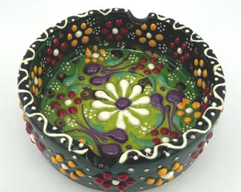 Vintage Hand Painted Ashtray Floral Red Yellow Green Purple