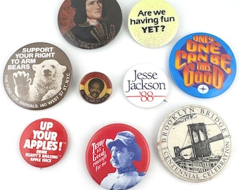 Vintage Pinback Buttons Animal Rights, Advertising Pins, 1980s Elections, Centennial Buttons Retro Novelty Collectible Pins