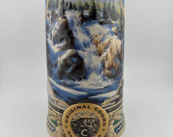 1995 Coors Waterfall Beer Stein Raised Relief Vintage Ceramarte Beer Mug Rocky Mountain Waterfall Heritage Mountain Cabin Original Coors